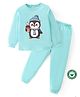 BLUSHES 100% Cotton Knit Full Sleeves Penguin Printed Night Suit Set - Sea Green