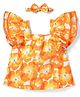 Babyhug Rayon Woven Half Frill Sleeves Top with Headband & Floral Print - Orange