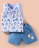 CUCUMBER Sinker Knit Sleeveless Shorts Night Suit with Lion Print - Light Blue