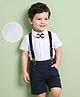 Mark & Mia Half Sleeves Party Wear Shirt & Shorts Set with Suspender & Bow Detailing - White & Navy Blue