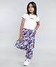 Taffykids Half Sleeves Cut Out Detailed Crop Top With Abstract Printed Cargo Joggers Set - White & Multi Colour