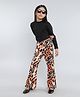 Taffykids Cotton Jersey Full Sleeves Crop Top With Animal Printed Slit Bell Bottom Pant Set - Black & Orange