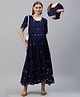 Swishchick Half Sleeves Floral Embroidered Maternity Dress With Concealed Zipper Nursing Access - Navy Blue