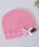 Funkrafts Woollen Handmade Knitted Self Design & Bow Applique Detailed Beanie Cap - Pink & White-  Diameter 31 Cms