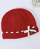 Funkrafts Handmade Woollen Solid Bow Designed Beanie Cap - White & Red-  Diameter 31 Cms