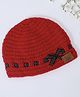 Funkrafts Woollen Handmade Knitted Polka Dots Designed Bow Applique Detailed Beanie Cap - Red