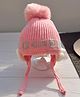 Ziory Woollen Pompom & Cartoon Applique Designed Ear Flaps Detailed Beanie Cap - Baby Pink-  Diameter-44-48cms