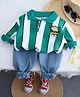 Googo Gaaga Cotton Knit Full Sleeves Light Winter Striped Burger Embroidered Sweatshirt With Denim Trousers Set - Green