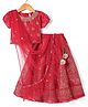Babyhug Woven Short Sleeves Floral Embroidered & Foil Printed Choli Lehenga with Dupatta- Red