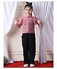 NEUDIS Half Sleeves Floral Printed Shirt With Solid Cami Top & Trousers Set - Peach & Black