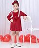 NEUDIS Velvet Full Sleeves Lace Embellished & Bow Applique Detailed Dress With Hair Band - Cherry Red