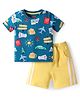 Babyhug Single Jersey Knit Half Sleeves T-Shirt & Shorts Set With Vehicle Print - Blue & Yellow