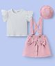 Mark & Mia Frill Sleeves Solid Color Top & Skirt Set with Hat & Bow Applique - White & Pink