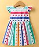 Teddy Sinker Knit Cap Sleeves Frock With Stripes & Polk Dots Print - White & Sea Green