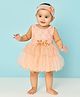 M'PRINCESS Sleeveless Floral Applique Foil Printed Dress With Headband - Peach