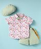 ToffyHouse 100% Cotton Woven Half Sleeves Floral Printed Shirt & Shorts Set with Hat Bow & Suspender - Light Green