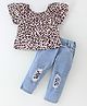 Mark & Mia Cotton Lycra Knit Half Sleeves Printed Top & Full Length Denim Jeans Set with Cheetah Theme Print - Multicolor