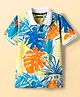 Pine Kids Cotton Knit Half Sleeves Polo T-Shirt with Leaves Print - White