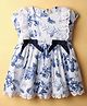 ToffyHouse Cotton Woven Cap Sleeves Dress with Floral Print Frill Detailing & Bow Applique - White & Blue