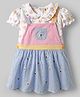 ToffyHouse Cotton Woven Half Sleeves Frock & Peter Pan Collar T-Shirt With Checks & Bee Embroidery - Blue & White