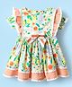 ToffyHouse Cotton Woven Half Sleeves Frock With Floral Print & Bow Applique - White
