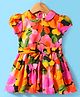ToffyHouse Cotton Puffed Sleeves Peter Pan Collar Frock With Floral Print & Bow Applique - Orange & Pink