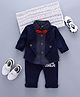 Googo Gaaga Cotton Full Sleeves Light Winter Solid Blazer With Attached Polka Dots Printed Shirt Bow & Trousers - Navy Blue
