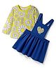 Doodle Poodle Cotton Knit Floral Printed Frock with Full Sleeves Inner Tee - Blue & Lemon
