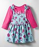 Doodle Poodle Single Jersey Knit Frock & Full Sleeves Inner Tee With Floral Print & Bow Applique - Light Blue & Dark Pink