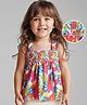 Babyhug Sleeveless Top with Tropical Print & Smock Detailing- Red & White