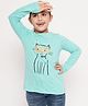 Pspeaches Cotton Full Sleeves Shimmered Cat Printed Tee - Green