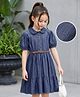 Hola Bonita Cotton Woven Half Puffed Sleeves Frock with Frill at Collar - Blue
