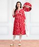 Bella Mama Woven Three Fourth Sleeves  Maternity Kurta With Neck Embroidery Floral Print & Pocket - Red