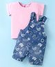 Simply Premium Interlock Knit Text Printed Mid Wash Dungaree & Half Sleeves Solid T-Shirt - Pink & Blue