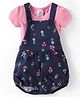 Simply Premium Interlock Knit Half Sleeves Top & Dungaree Style Onesie with Floral Print - Navy Blue