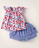 Simply Premium Cotton Woven Frill Sleeves Front Open Top & Layered Skorts Set With Floral Print - Red & Blue