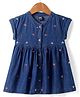 Simply Premium Cotton Half Sleeves Frock with Floral Embroidery - Navy Blue