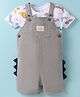 Simply Premium Interlock Knit Dungaree & Half Sleeves T-Shirt with Dino Print & Applique - White & Grey