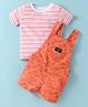 Simply Premium Interlock Knit Crocodile Printed Dungaree with Half Sleeves Striped T-Shirt - Orange