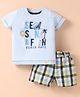 Simply Premium Cotton Knit Half Sleeves T-Shirt & Checks Shorts Set With Beach Theme Print - Light Blue