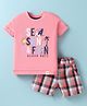 Simply Premium Cotton Knit Half Sleeves T-Shirt & Checks Shorts Set With Beach Theme Print - Peach