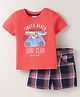 Simply Premium Cotton Knit Half Sleeves T-Shirt & Checks Shorts Set With Surfing Print - Coral