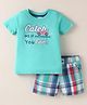 Simply Premium Cotton Woven Half Sleeves T-Shirt & Checks Shorts Set With Car Print - Sea Green