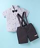 Simply Premium Cotton Woven Half Sleeves Bear Printed Shirt & Shorts Set With Attached Suspender & Bow  - Grey