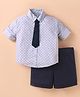 Simply Premium Cotton Woven Full Sleeves Polka Dot Printed Shirt & Shorts Set With Tie - Blue