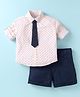 Simply Premium Cotton Woven Full Sleeves Polka Dot Printed Shirt & Shorts Set With Tie - Cream