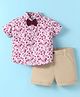 Simply Premium Cotton Woven Half Sleeves Floral Printed Shirt & Shorts Set with Bow - Maroon