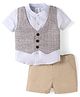 Simply Premium Cotton Woven Half Sleeves Shirt & Shorts Set With Checks Waist Coat - White & Khaki