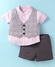 Simply Premium Cotton Woven Half Sleeves Shirt & Shorts Set With Checks Waist Coat - Pink & Grey