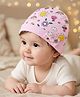 Babyhug 100% Cotton Interlock Knit Cap With Floral Print & Bow Applique Pink - Diameter 10.5